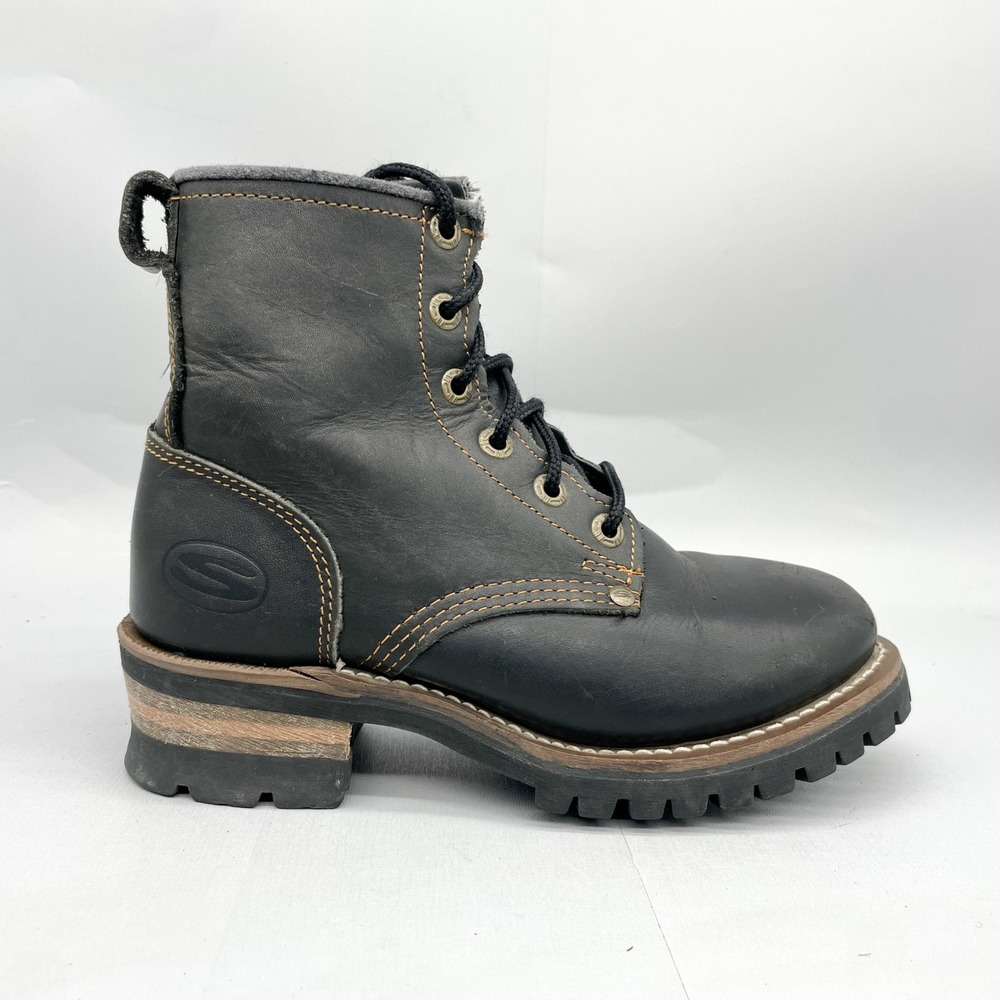 Skechers Womens 7.5 VTG Laramie Combat Boots Black Leather Chunky Heel 90s Y2K